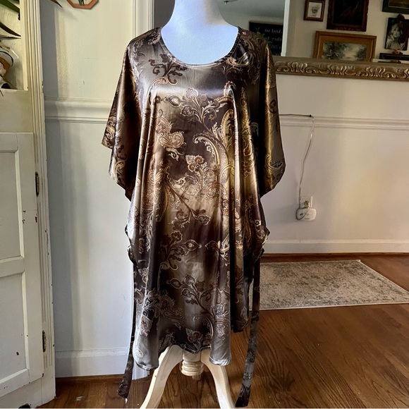 Vintage Gold 60s 70s silky Paisley Kaftan Mini butterfly Dress Angel Sleeves - Picture 5 of 16